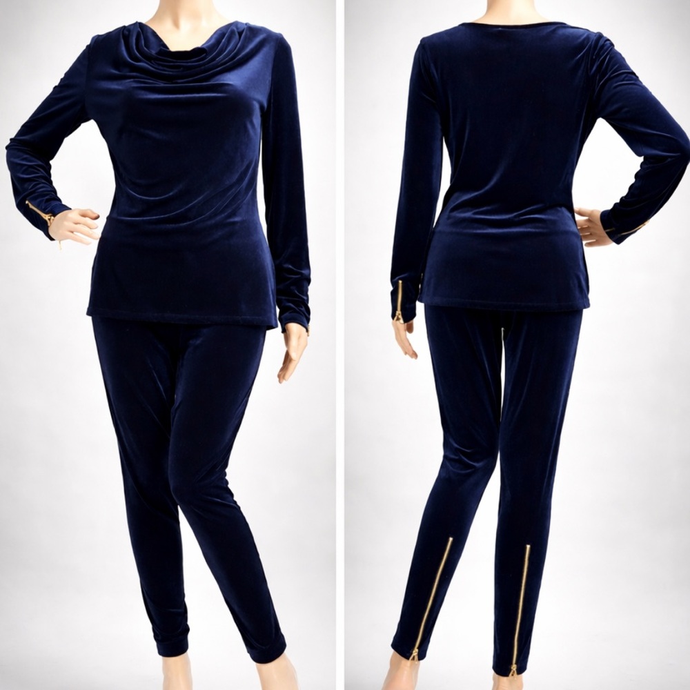 Cache Navy Velvet 2-Piece Lounge Set | Cowl Neck Top & Zip Leggings
